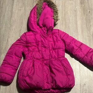 Kids Pink Puffer Jacket with Faux Fur Hood
